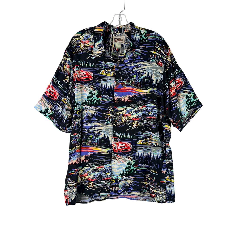 Reyn Spooner Eddy Y Racing Cars Hawaiian Button Up Shirt Mens L Rayon Hawaii